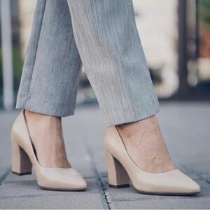 Nude Beige Block Heel Pumps Pointed Toe Faux Leather Size 8 EU 39 Classic